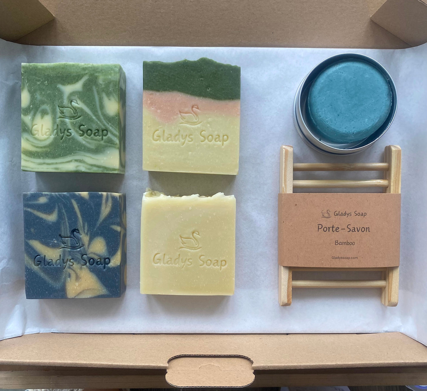 Pamper Your Partner Gift Box - 4 Natural Soap Bars, a Solid Shampoo Bar, and a Bamboo Soap Dish